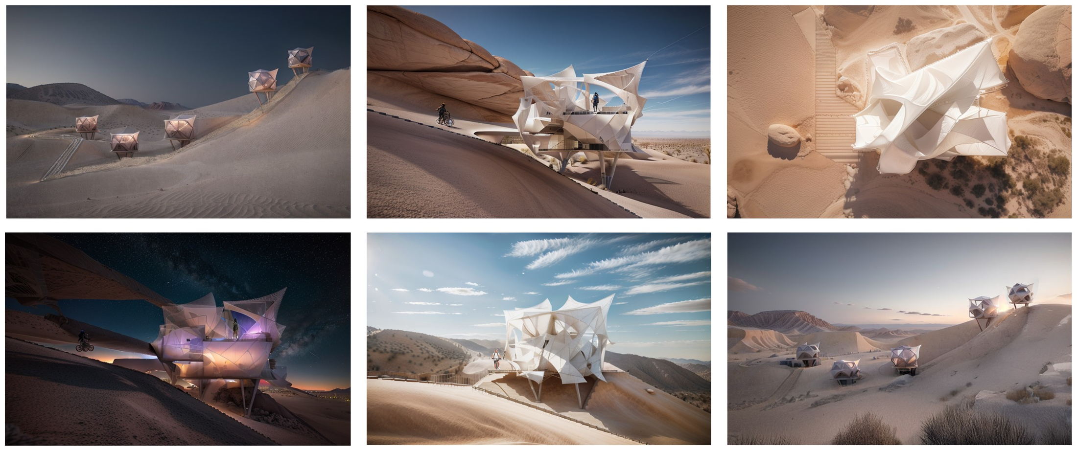 AI-generated studies exploring spatial language, materiality, and form for concept development