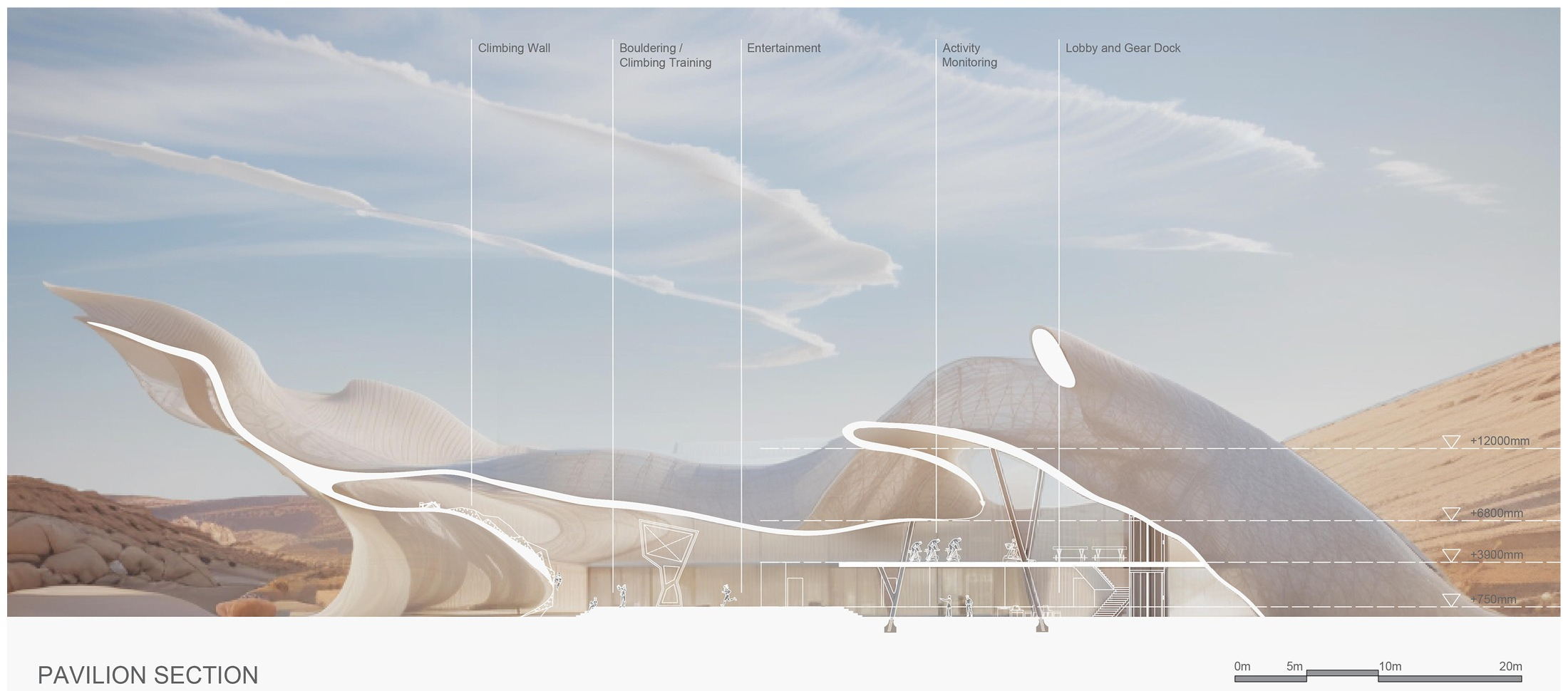 Pavilion Section — a 3D-knitted fabric supported by a stainless steel airbeam structure is used for its flexibility, porosity, and adaptability, allowing the form to evolve with environmental and programmatic needs