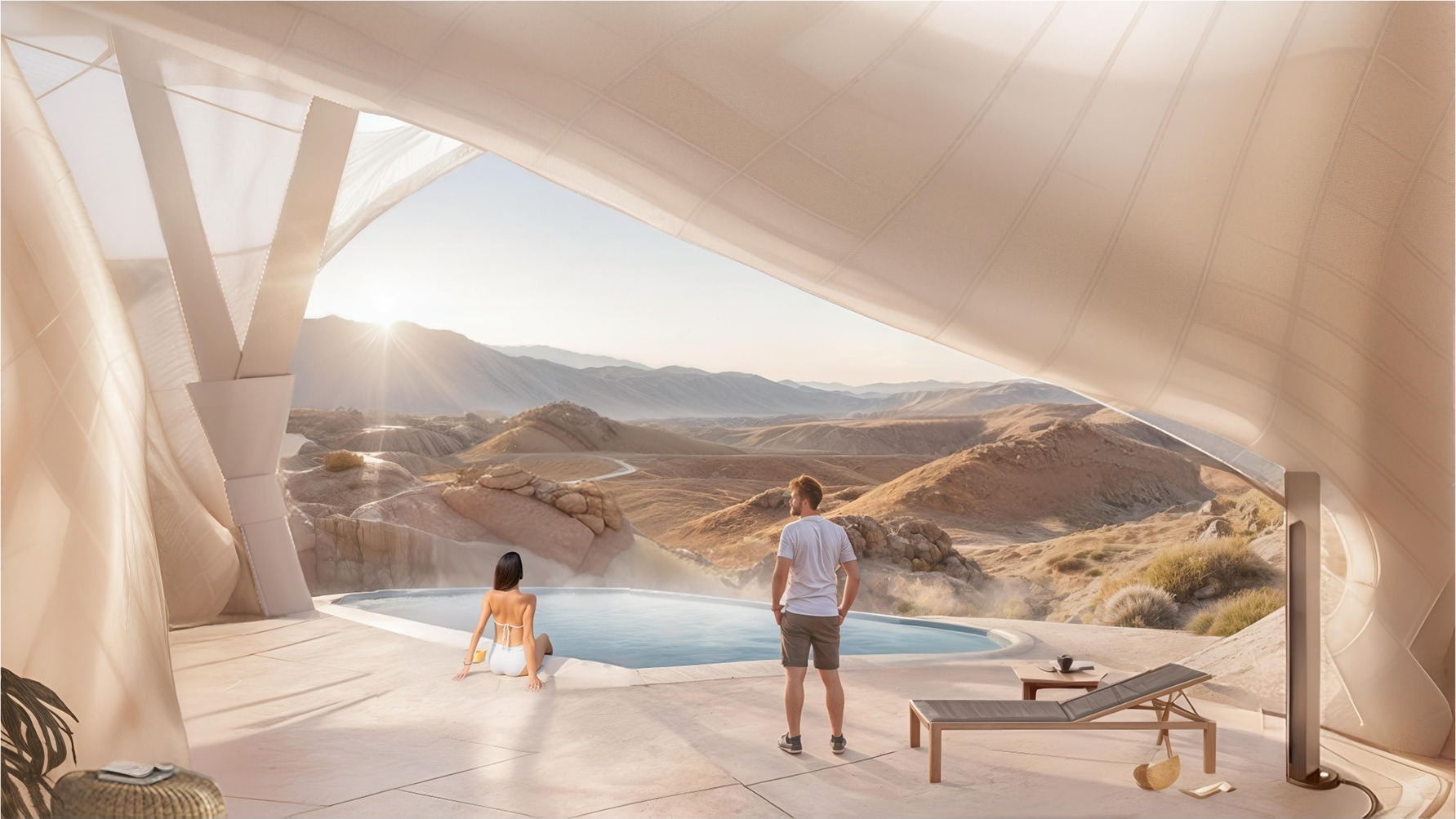 Generative Render: Interior view of the Villa highlighting the pool area and opening toward the surrounding terrain