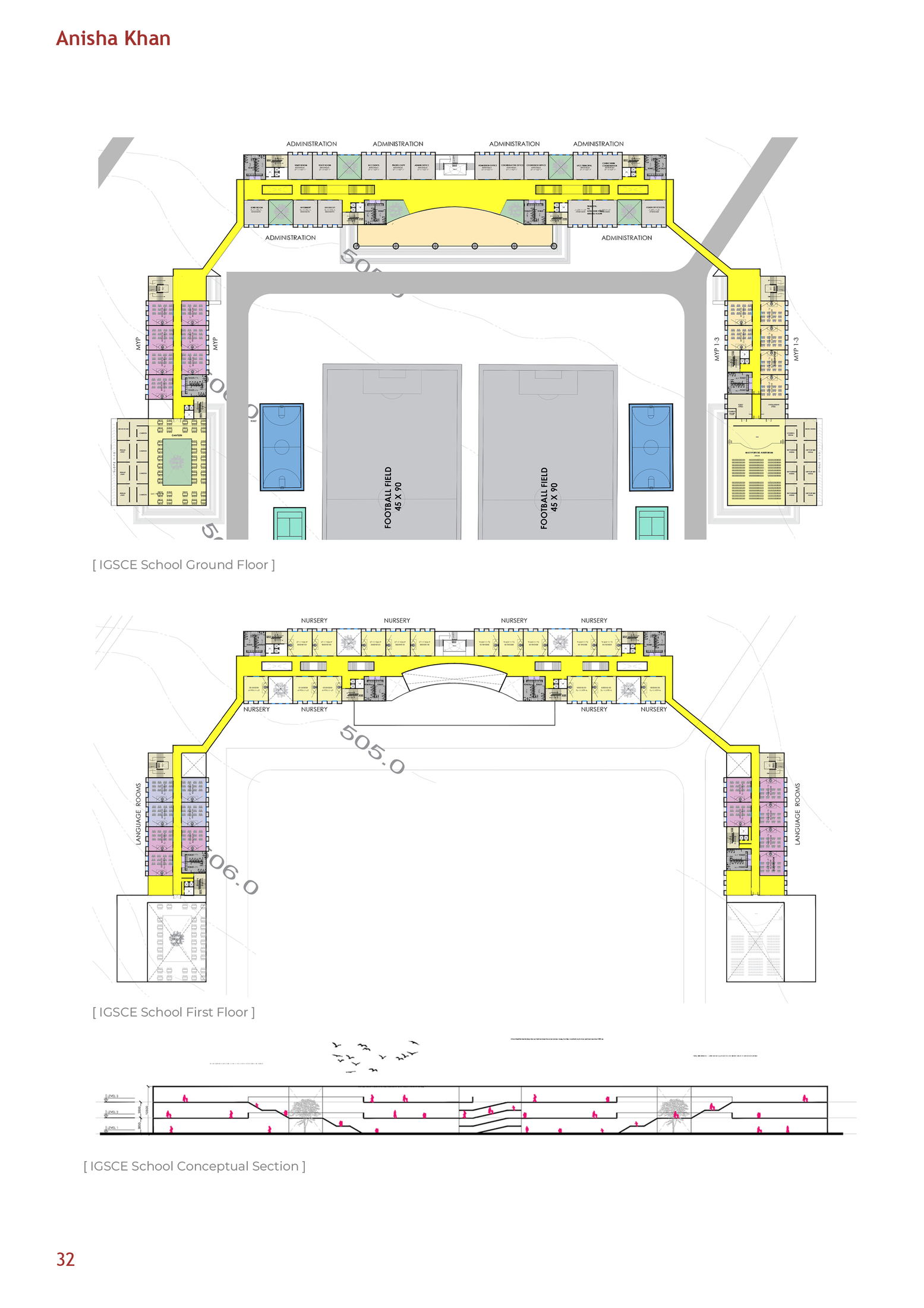 IGCSE International School block — floor plans and building section