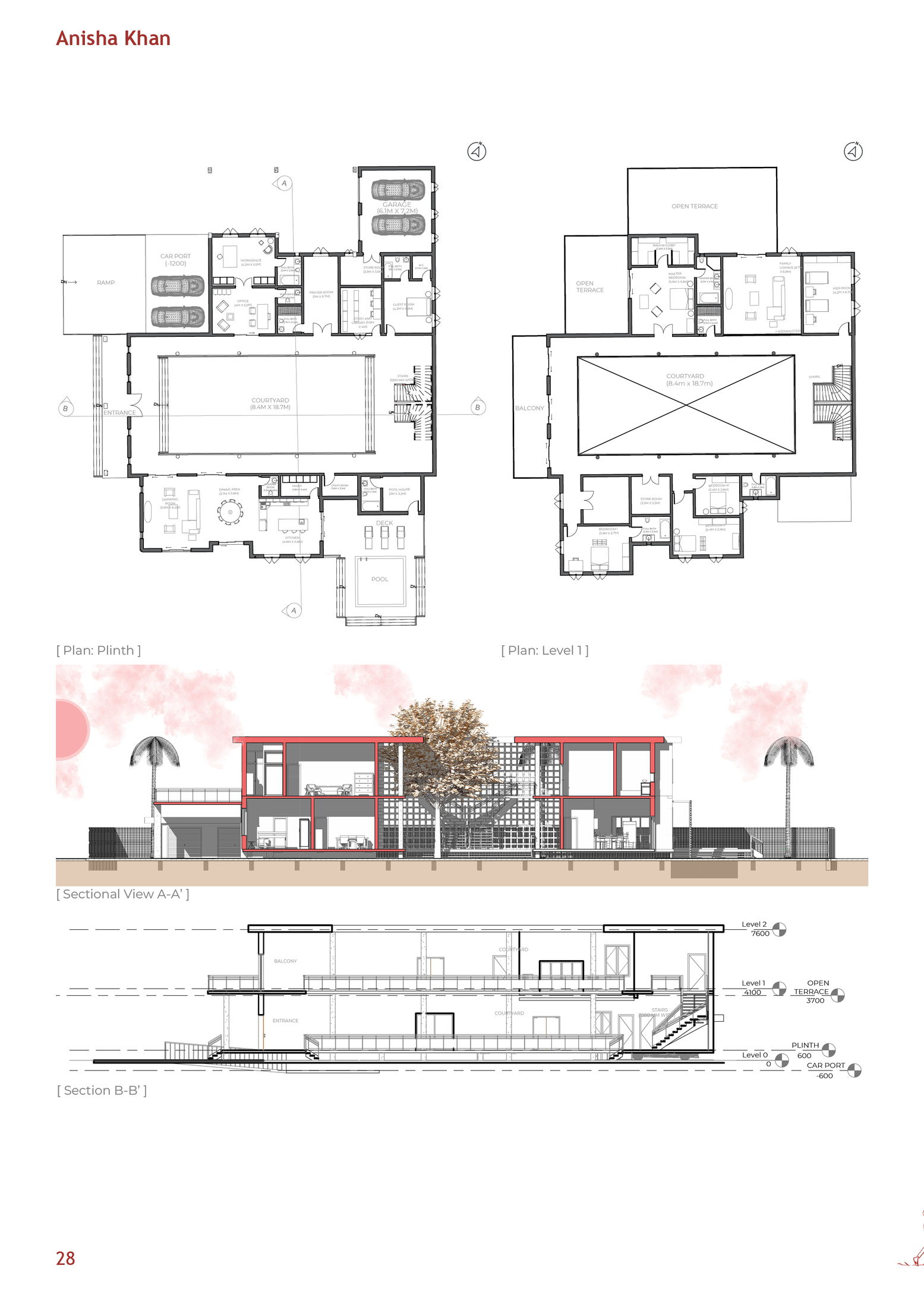 Architectural floor plans and courtyard section