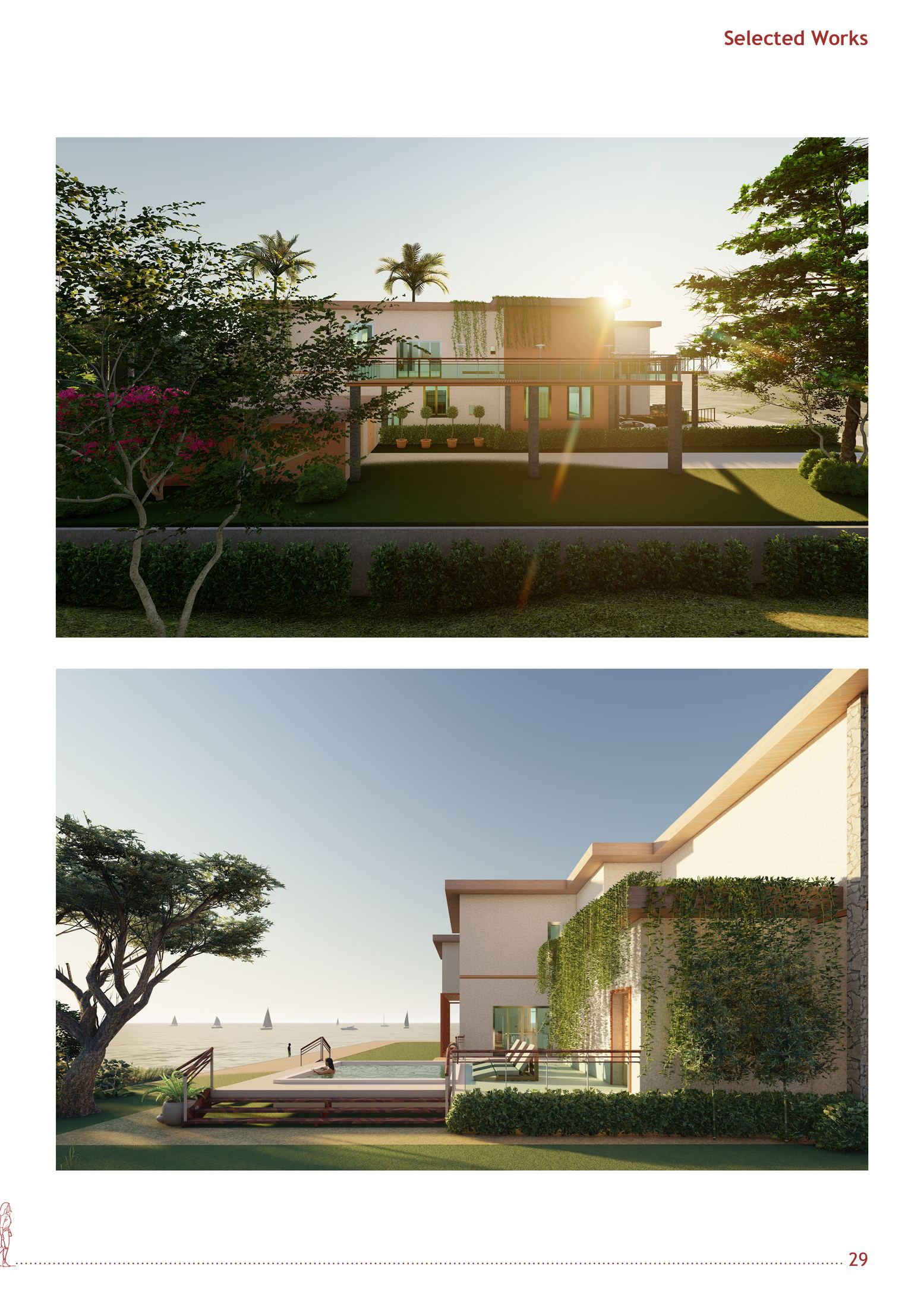 Golden hour courtyard and oceanfront poolside twilight renders