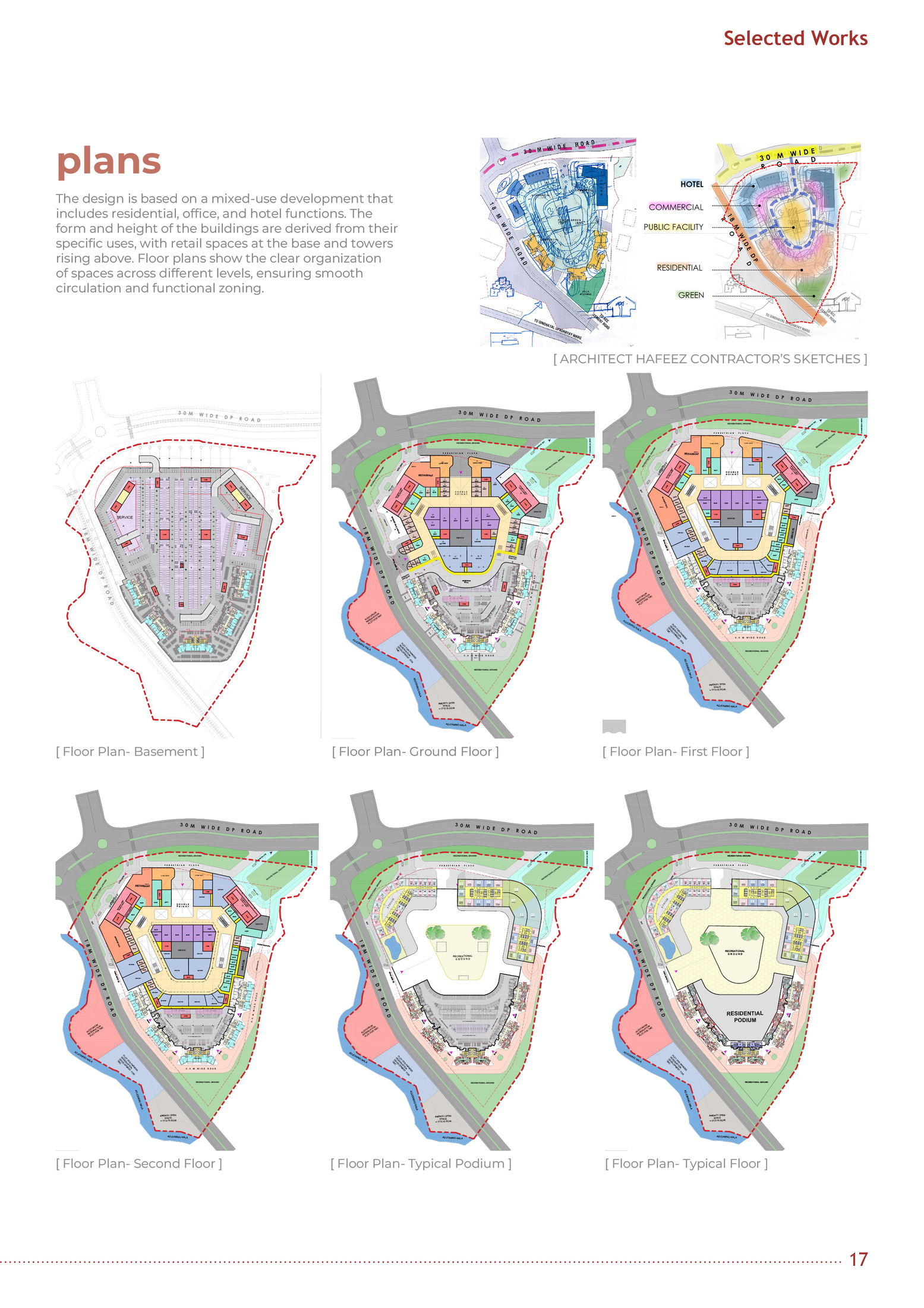 Technical CAD floor plans — ground retail, podium, office, hotel, residential