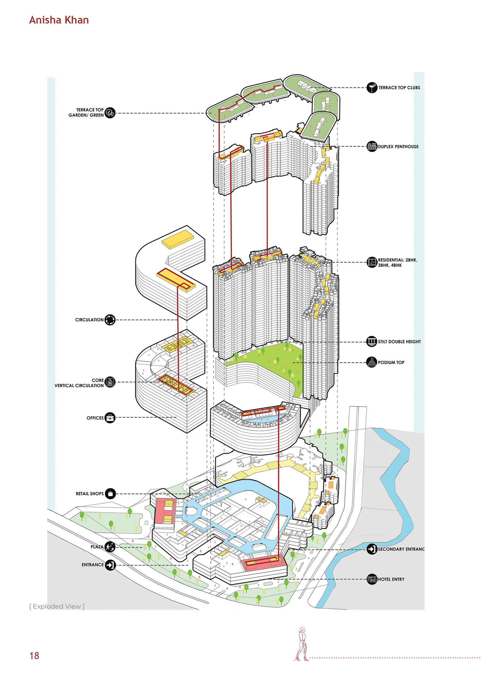 Programmatic exploded axonometric — structural transfer floors and amenities