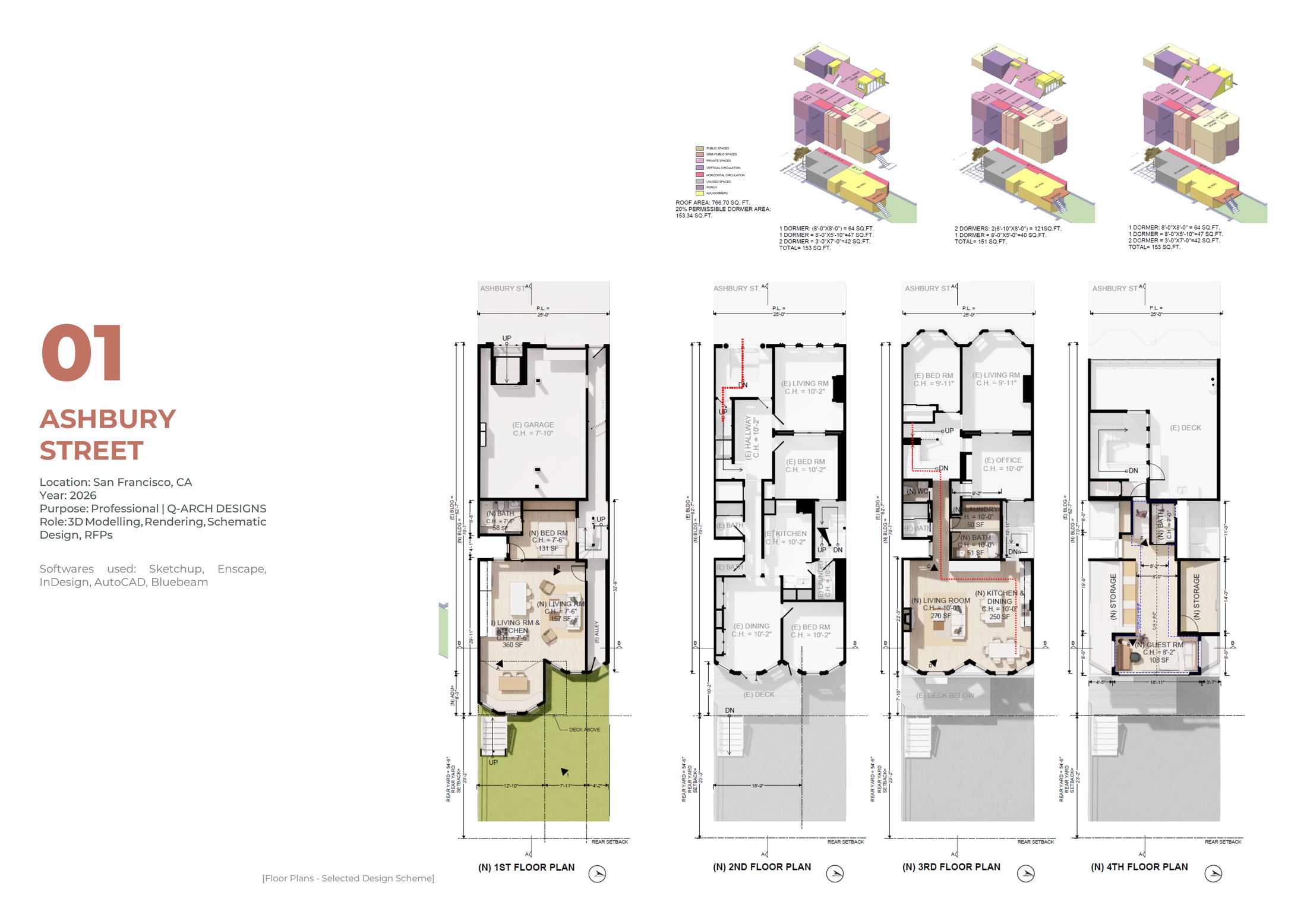 Ashbury Street — floor plans, axonometric massing, attic volume calculations