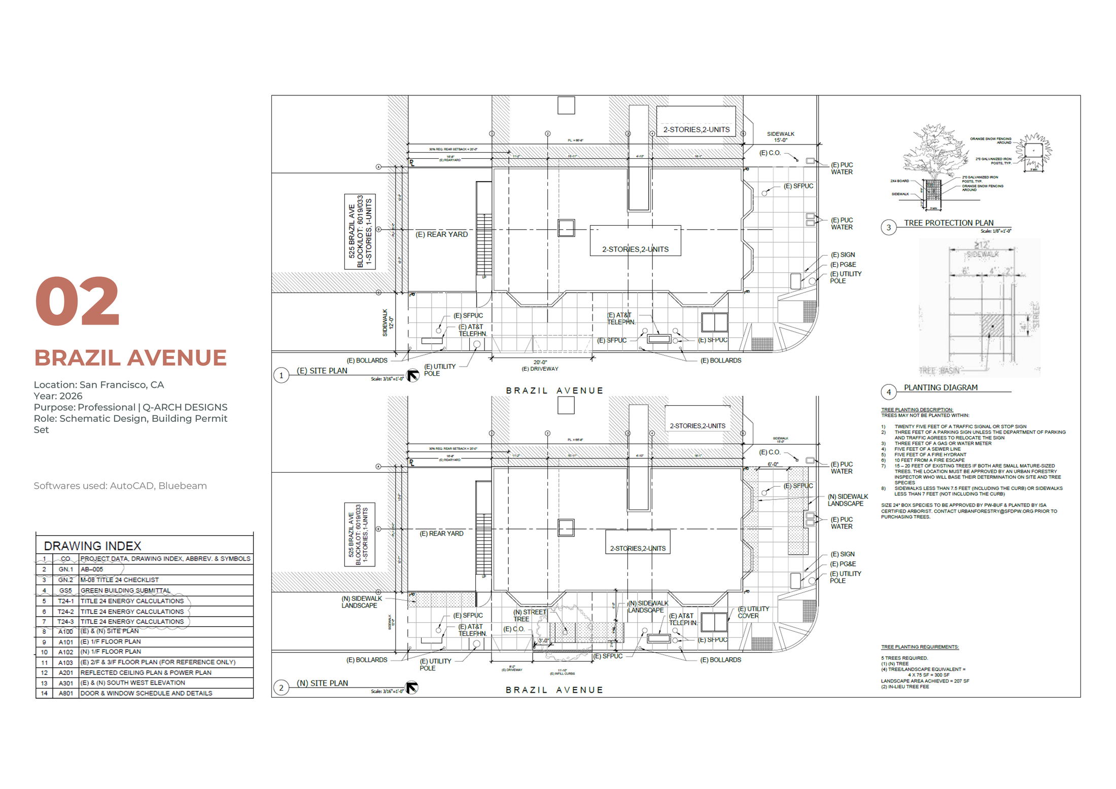 Brazil Avenue — existing vs. proposed site plan and DPW tree details