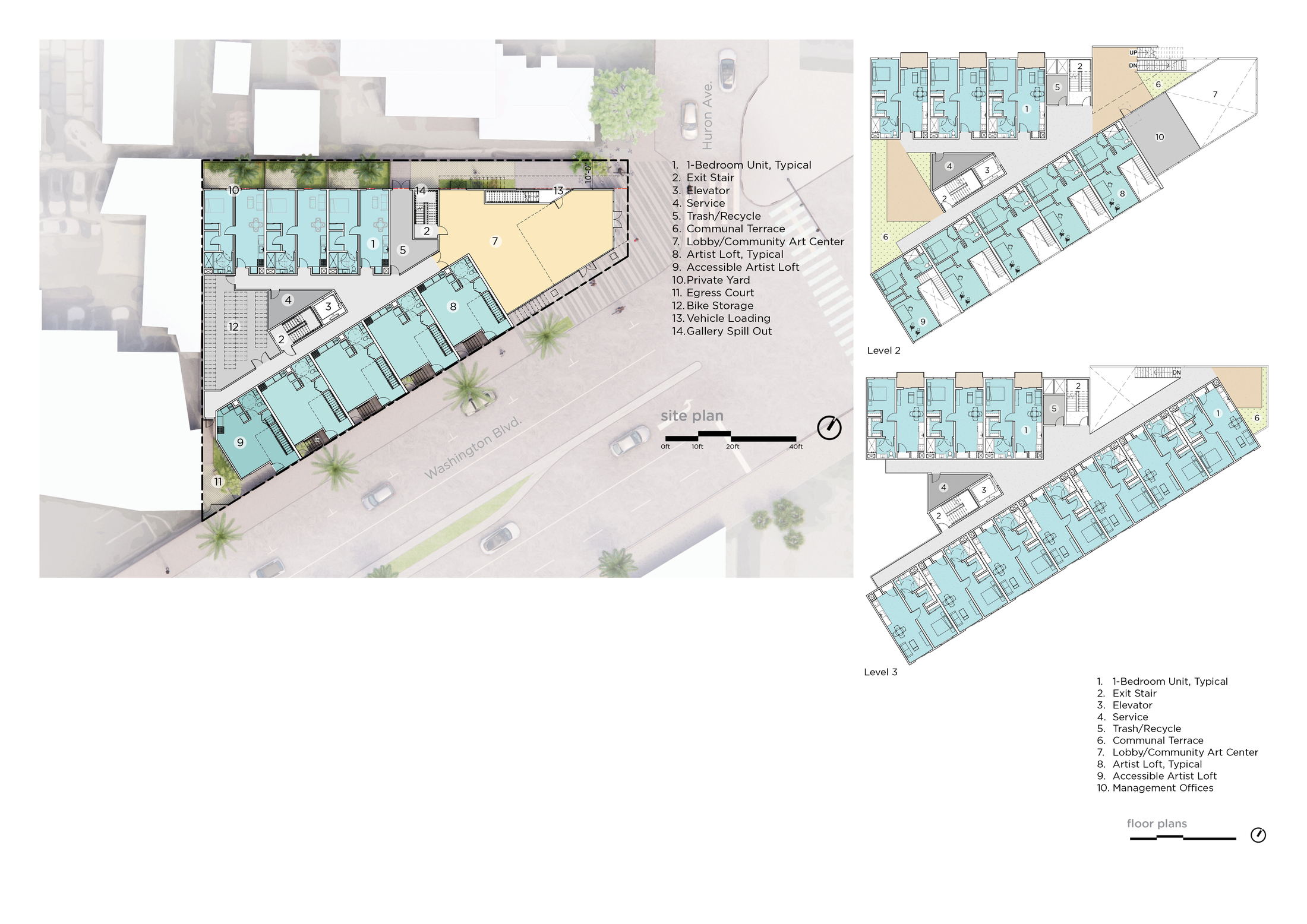 Site plan, Level 2 and Level 3 floor plans