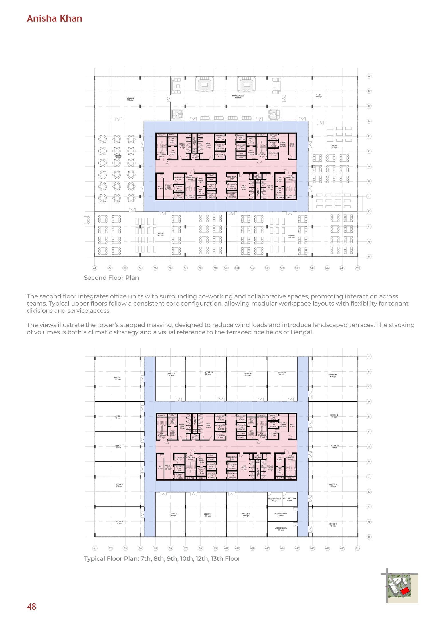 Tower 2 typical office floor plan — column-free floor plates