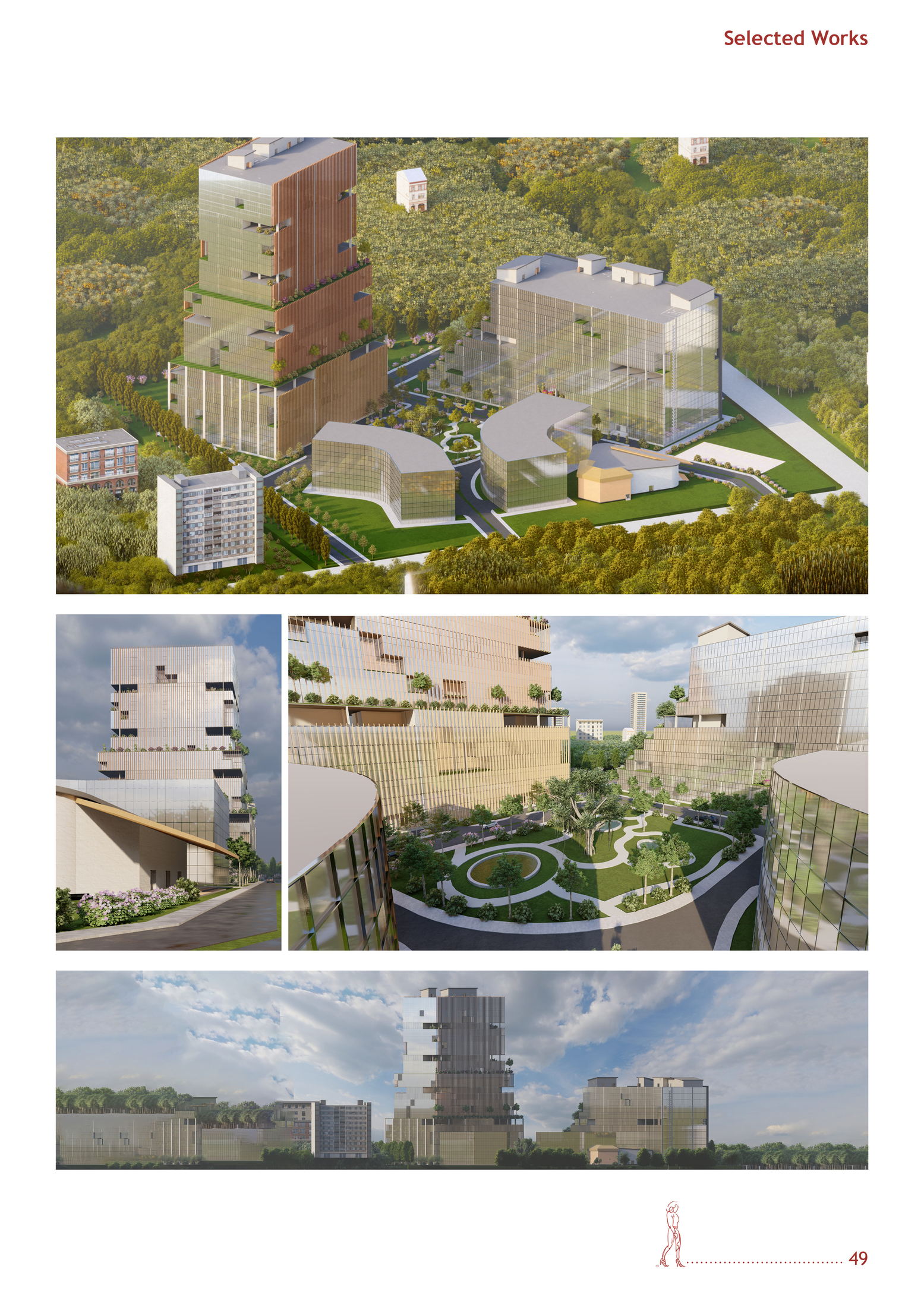 Aerial, street-level, banyan plaza, and twilight skyline renders